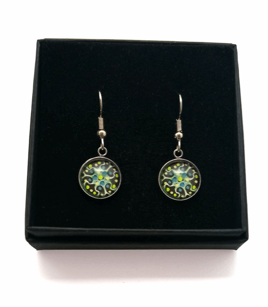 Green Nebula Design Hand Painted Earrings.