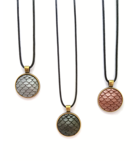 Sculpted Tactile Dragon Scales Pendant in three metallic finishes